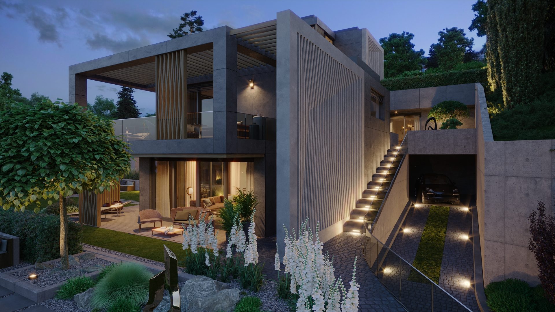 A D72 Residence villaépülete este, kivilágítva